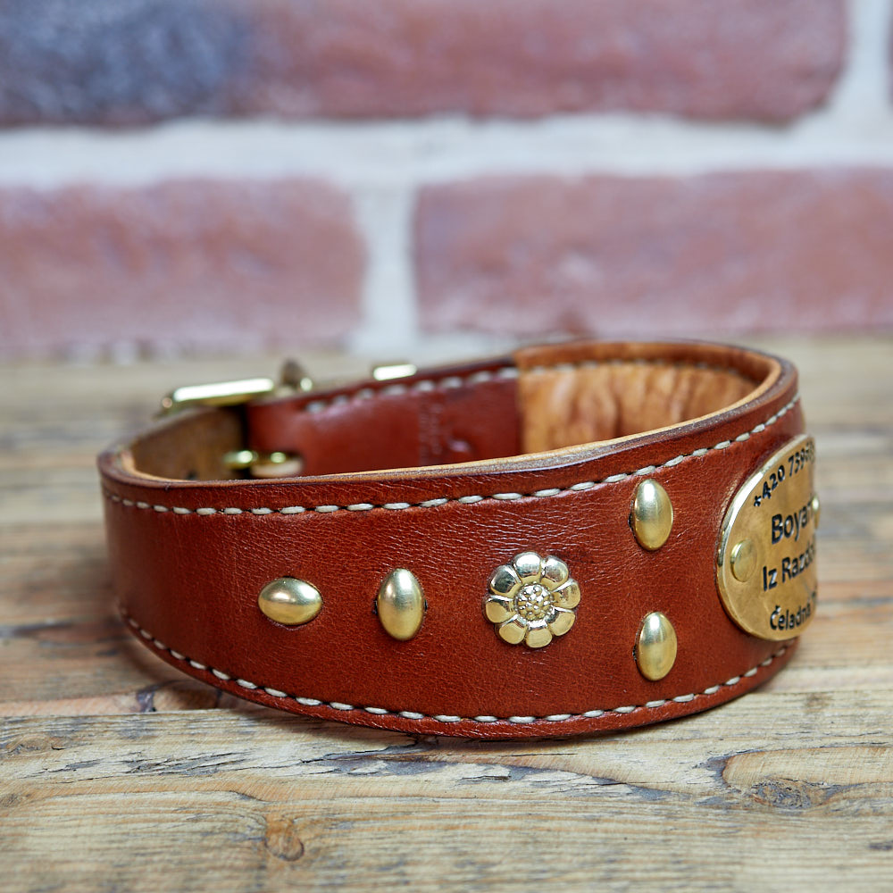 Noble Mod decorated leather collar for Greyhounds, with Slade Czech tag